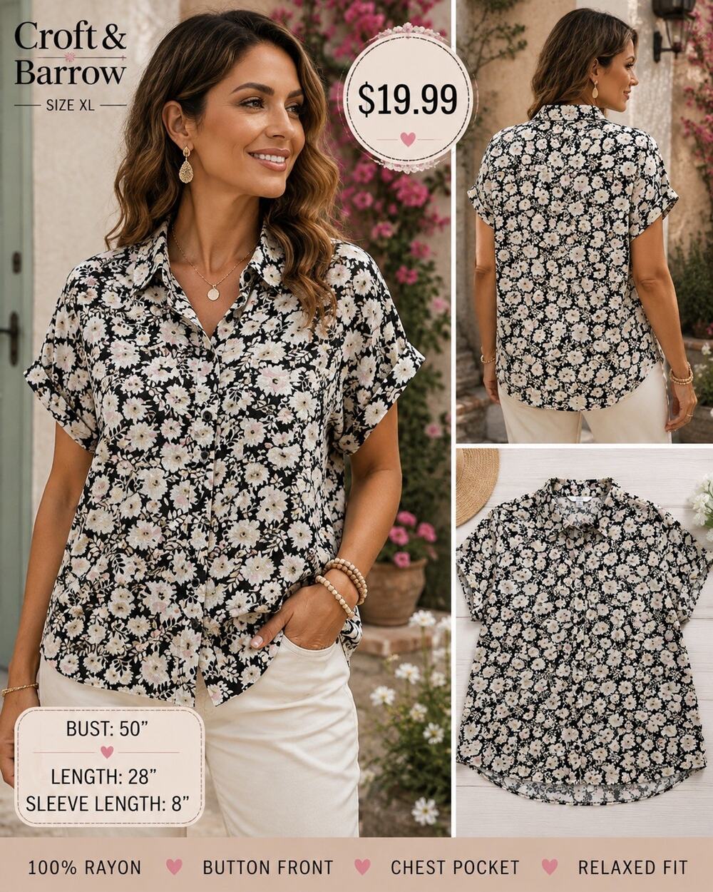 Croft & Barrow XL Floral Button Front Blouse Black Cream Pink Rayon Shirt EUC